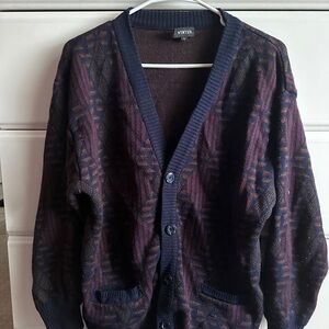 Men's Patterned Cardigan Sweater - Navy and Burgundy